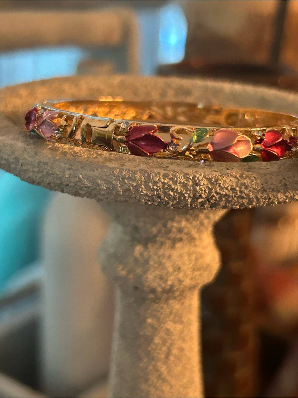 Gold-Tone Floral Enamel Bangle Bracelet in Pink and Red